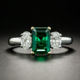 Gem 1.07 Carat Afghani Emerald and Diamond Three-Stone Ring - GIA F1 - 2