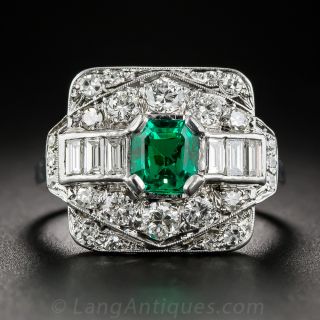 Gem Emerald and Diamond Art Deco Ring - 2