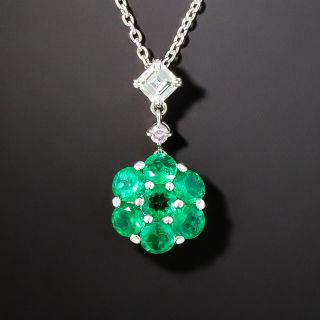 Gem Emerald Flower and Diamond Pendant - 2