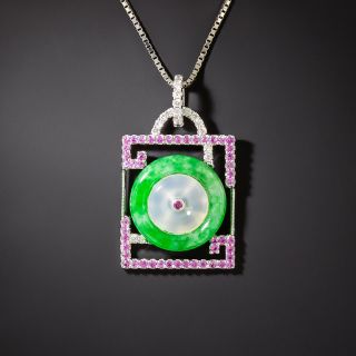 Geometric Jade, Pink Sapphire, Diamond and Chalcedony Pendant - 2
