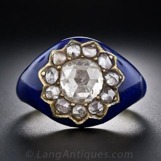 Georgian Rose-Cut Diamond Blue Enamel Ring - Size 8 - 2