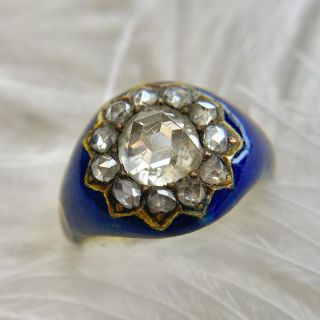 Georgian Rose-Cut Diamond Blue Enamel Ring - Size 8
