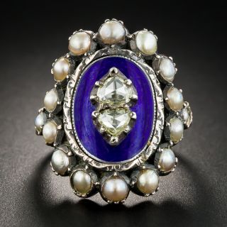 Georgian Style Rose-Cut Diamond Pearl and Enamel Ring - 1