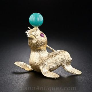 Gold and Turquoise Seal Pin - 2