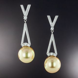 Golden South Sea Pearl and Diamond Dangle Earrings  - 1