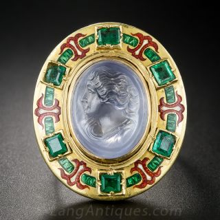 Holbeinesque Sapphire Carved Cameo Rennaissance Revival Ring - 1