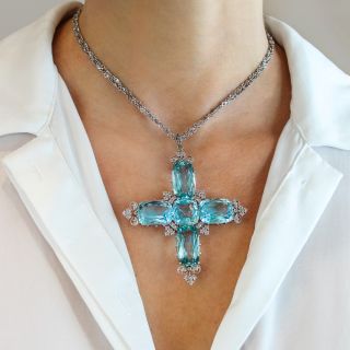 Large Edwardian Aquamarine and Diamond Cross Pendant / Brooch