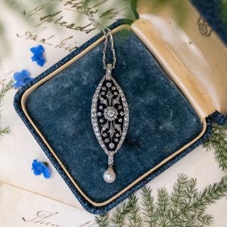 Late Victorian Diamond and Natural Pearl Navette Pendant