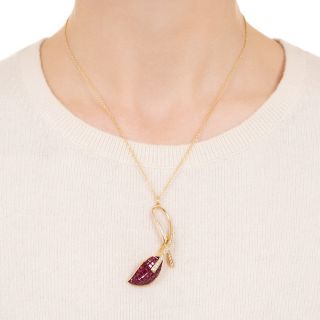 Invisible Set Ruby and Diamond Leaf Pendant/Brooch