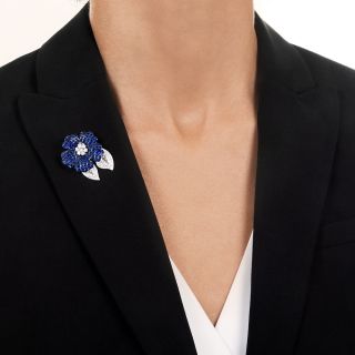 Invisible-Set Sapphire and Diamond Flower Brooch