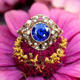 Lang Collection 3.68 Carat Round Sapphire and Diamond Vintage Style Ring 