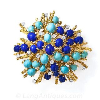 Lapis, Turquoise, and Diamond Brooch