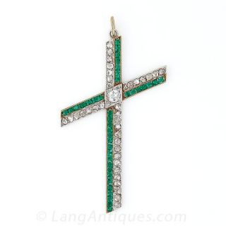 Large Antique Diamond and Simulated Emerald Cross - 2
