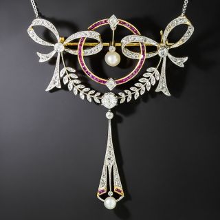 Large Edwardian Diamond, Ruby and Pearl Bow Pendant - 2