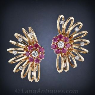 Large Retro Diamond and Ruby Earrings - 1