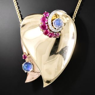 Large Retro Ruby, Diamond and Moonstones Heart Pendant/Brooch - 2