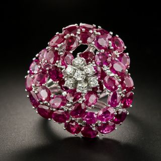 Large Ruby and Diamond Flower Ring - 0