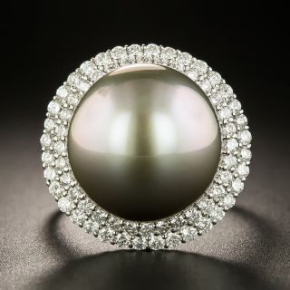 Large Silver South Sea Pearl and Diamond Double Halo Ring - 2