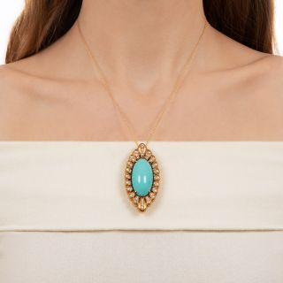 Large Turquoise, Diamond and Pearl Pendant/Brooch