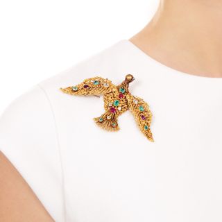 Large Victorian Diamond, Ruby and Emerald Bird Brooch