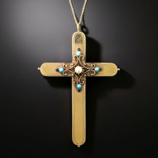 Large Victorian Turquoise and Pearl Cross Pendant/Brooch - 1