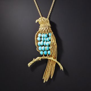 Large Vintage Gold and Turquoise Parrot Pendant - 1