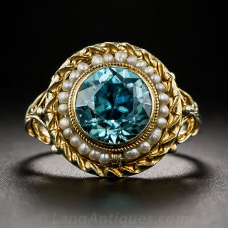 Late-Art Deco Blue Zircon and Pearl Ring - 2