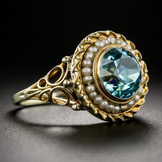 Late-Art Deco Blue Zircon and Pearl Ring