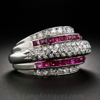 Late Art Deco Diamond and Calibre Ruby Ring