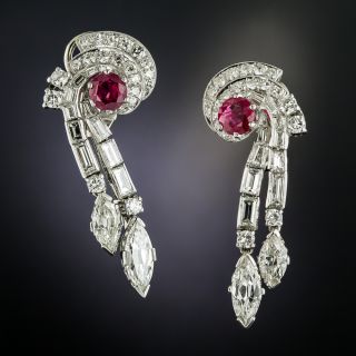 Late-Art Deco No-Heat Burma Ruby and Diamond Drop Earrings - 3