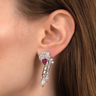 Late-Art Deco No-Heat Burma Ruby and Diamond Drop Earrings