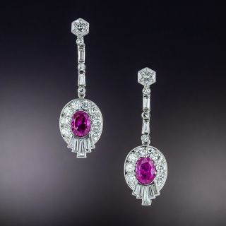 Late Art Deco No-Heat Burmese Ruby and Diamond Dangle Earrings  - 3