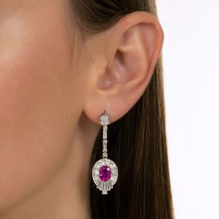 Late Art Deco No-Heat Burmese Ruby and Diamond Dangle Earrings 