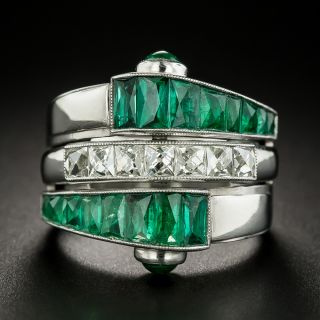 Late Art Deco/Retro Style French-Cut Diamond and Emerald Bypass Ring - 2