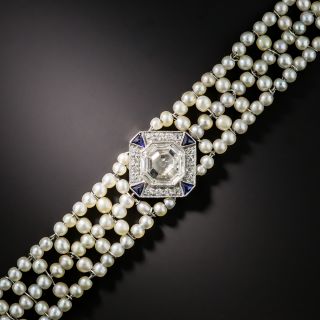 Edwardian Asscher-Cut Diamond Natural Pearl Bracelet  - 1
