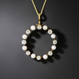 Late-Victorian Diamond and Natural Pearl Circle Pendant/Brooch - 2