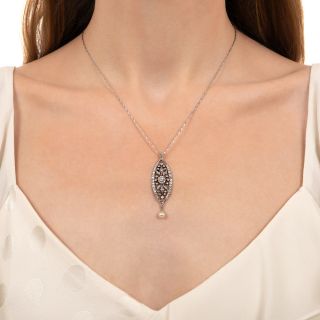 Late Victorian Diamond and Natural Pearl Navette Pendant