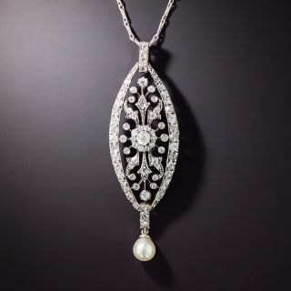 Late Victorian Diamond and Natural Pearl Navette Pendant - 2