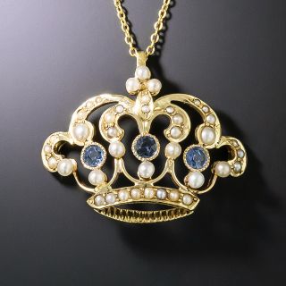 Late-Victorian Pearl and Sapphire Crown Pendant - 2