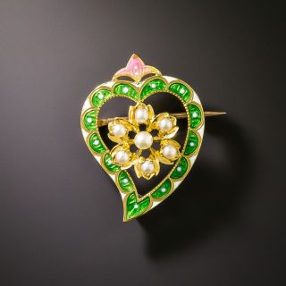 Late-Victorian Seed Pearl and Enamel Witch's Heart Brooch - 4