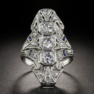 Long Art Deco Diamond and Sapphire Dinner Ring