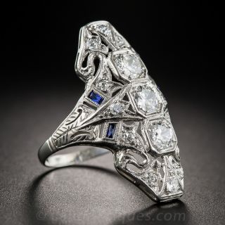Long Art Deco Diamond and Sapphire Dinner Ring
