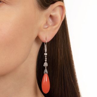 Long Edwardian Coral and Diamond Drop Earrings
