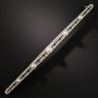 Long Edwardian Natural Pearl and Diamond Bar Pin - 2
