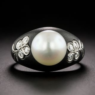 Marsh & Co. Cultured Pearl, Diamond and Blackened Steel Ring, Size 4 - 5