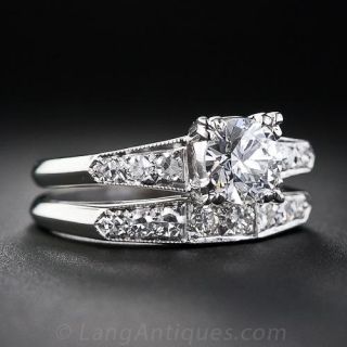 Mid Century  .80 Ct Diamond Engagement and Wedding Ring  Set