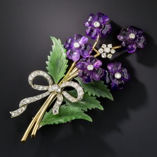 Mid-Century Amethyst, Nephrite and Diamond Flower Brooch - 6