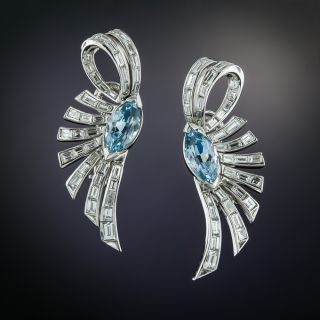 Mid-Century Aquamarine and Baguette Diamond Spray Clip Earrings - 2