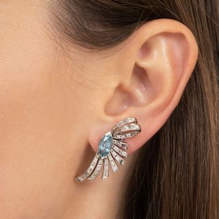 Mid-Century Aquamarine and Baguette Diamond Spray Clip Earrings