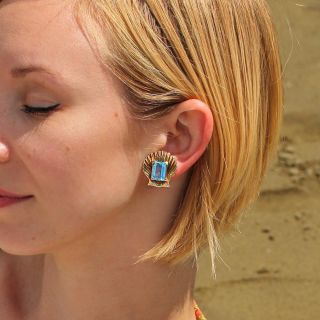 Mid-Century Aquamarine Shell Earrings